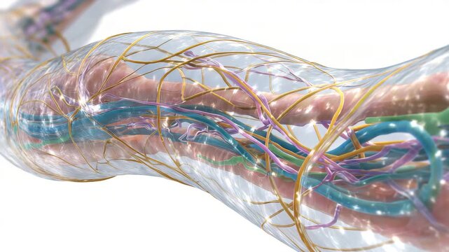 A long, thin, clear tube with many different colored lines. Conceptual medical illustration of nerve pathways wrapping around gut tube, enteric nervous system, clean white background sci-tech