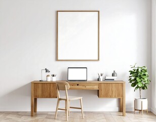Minimalist Home Office with Blank Frame and Wooden Desk