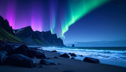Naklejka premium Majestic Northern Lights over Icelandic Coastline.
