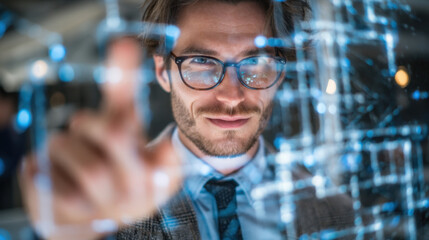 Innovative professional interacting with digital interface, showcasing technology and data visualization. individual appears focused and engaged, representing modern advancements information