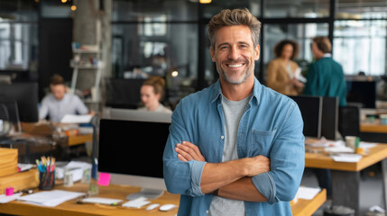 Confident man stands modern office environment, smiling with arms crossed. workspace features computers, colleagues engaged discussions, and vibrant atmosphere, reflecting teamwork