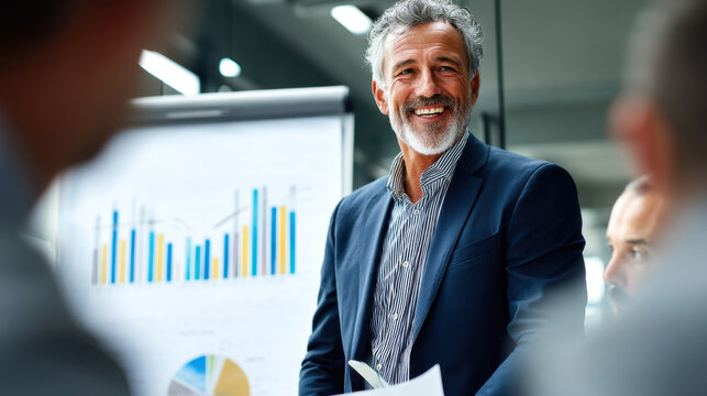 Confident businessman presents data in modern office setting, showcasing graphs and charts on flip chart. His engaging smile reflects enthusiasm and leadership during team meeting