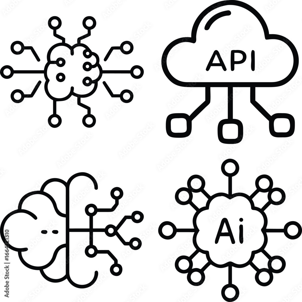 Wall mural four minimalist line art icons depicting neural networks, artificial intelligence, and cloud api con