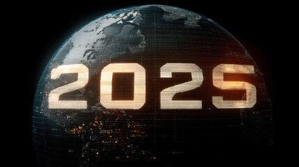 Digital globe displaying year 2025, illuminated with bright numbers against dark background, symbolizing future technology and global connectivity