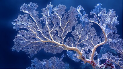 Elegant Fan Coral Underwater Thriving Against Dark Blue Background Texture