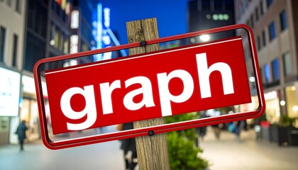 A red sign with "graph" in white, mounted on a wooden post, stands on a blurred city street at night