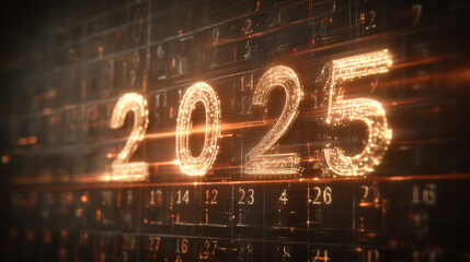 Glowing numbers representing year 2025, surrounded by digital background filled with glowing elements and numbers, creating futuristic and technological atmosphere