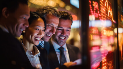 Business professionals engaged in discussion, analyzing stock market data on digital display. Their expressions reflect excitement and collaboration in financial environment