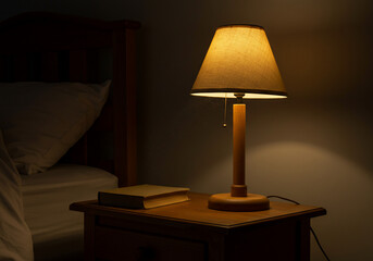 A bedside lamp illuminates a book on a wooden nightstand next to a bed with white linens in a dimly lit room.