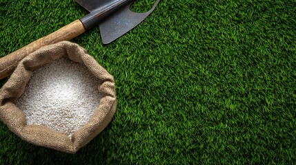 Fertilizing Green Lawn with Burlap Sack and Gardening Shovel
