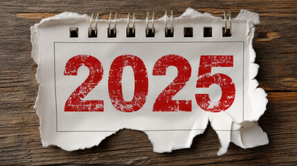 Calendar page displaying year 2025, with torn paper effect and rustic wooden background, evokes sense of anticipation and planning for future
