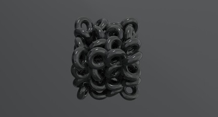 Abstract intertwined black rings arranged on a gray background in 3D render, creating a minimal futuristic composition perfect for design projects, branding, and digital illustration concepts.