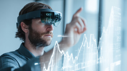 Augmented reality technology enhances user experience, allowing interaction with digital data through smart glasses. man engages with virtual graphs, showcasing innovation and modernity