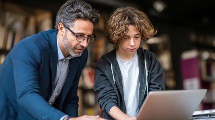 Fototapeta premium Man and boy are engaged in collaborative activity, focused on laptop in modern workspace. atmosphere is one of learning and mentorship, highlighting bond between them