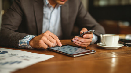 Man suit is using smartphone and tablet while sitting wooden table cafe. cup of coffee is placed nearby, and newspaper is visible table. scene conveys sense of productivity and modern technology