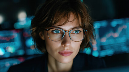 Focused professional woman with short brown hair and glasses, analyzing data on computer screens in modern office environment. atmosphere conveys concentration and intelligence