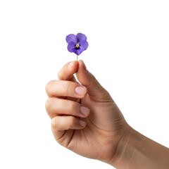 Hand holding a small flower isolated on white background