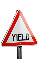 Triangular yield sign with red border, white background, and bold black “YIELD” text, isolated on transparent background.