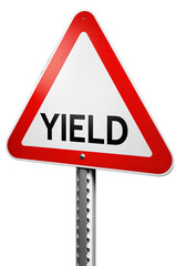 Triangular yield sign with red border, white background, and bold black “YIELD” text, isolated on transparent background.