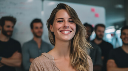 Confident woman smiles warmly in professional setting, surrounded by group of colleagues. atmosphere is collaborative and positive, reflecting teamwork and camaraderie