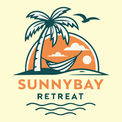 Naklejka premium Sunnybay retreat logo with palm tree, hammock and sunset illustration