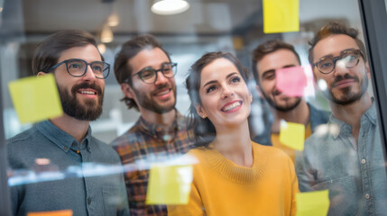 Obraz premium Creative team collaborating on project, smiling and engaged, surrounded by colorful sticky notes on glass wall. atmosphere is positive and energetic, reflecting teamwork and innovation