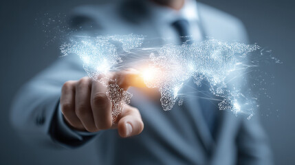 Business professional interacts with digital world map, showcasing global connectivity and technology. image conveys innovation and future of communication