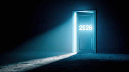 Glowing door stands ajar in dark room, illuminating number 2026 with soft blue light. This evokes sense of mystery and anticipation for future