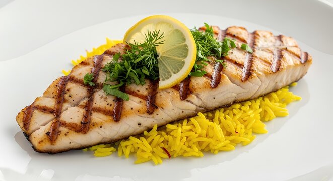 Grilled hamour fillet with saffron rice, lemon and spices