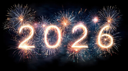 Bright fireworks illuminate night sky, forming year 2026 in sparkling light. This vibrant display symbolizes celebration and new beginnings, creating festive atmosphere