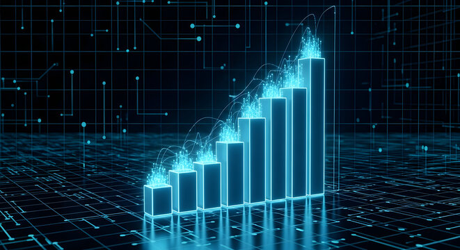  Futuristic 3D Bar Chart with Neon Grid — Digital Growth Metrics and Technology-Driven Performance Visualization