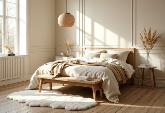 Beige blanket on the double bed in stylish wabi sabi bedroom of minimal style house, real photo with copy space on the empty wall