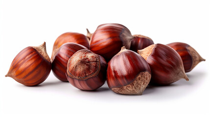 Obraz premium A simple, elegant still-life shot of a small, inviting pile of fresh, glossy brown chestnuts with their unique striped shells, captured against a clean white background.