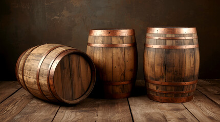 background of barrel. rustic wooden barrels of different sizes and orientations arranged on a weathered wooden surface against a dark, textured backdrop. The lighting highlights the wood grain