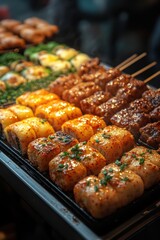 Korean street food cart with tteokbokki, kimbap, fish cakes, and sauces