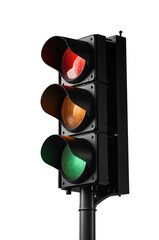 Vertical traffic light with illuminated red signal, yellow and green lights off, black housing, isolated on transparent background.