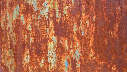 A detailed view of a rusty metal surface displaying a variety of colors and textures.
