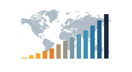  Upward Business Growth Bar Chart with World Map Background — Orange and Blue Columns Showing Increasing Revenue Trend