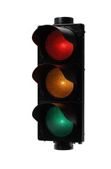 Vertical traffic light with illuminated red signal, yellow and green lights off, black housing, isolated on transparent background.