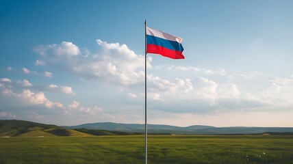 russian flags on the blue sky