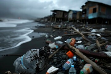 Obraz premium Numerous dirty plastic bottles and debris scattered along a desolate beach. Bleak ocean view reflects environmental pollution during daytime.