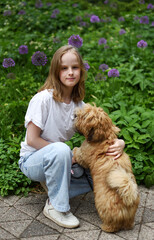 Little Girl in City Park Walking Playing with her Havanese  Bichon-type Dog Seasonal Summer Time