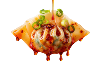 Extreme close-up macro of a plump szechuan-style spicy wonton, steaming with red chili oil dripping, delicate skin, and green scallions on transparent background, mouth-watering culinary artistry