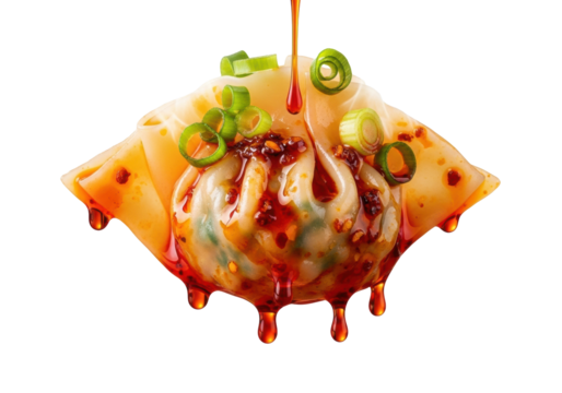 Extreme close-up macro of a plump szechuan-style spicy wonton, steaming with red chili oil dripping, delicate skin, and green scallions on transparent background, mouth-watering culinary artistry