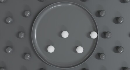 Abstract 3D render of White balls arranged in a circular tray, forming a modern minimal composition with clean geometry, suitable for creative design projects and artistic background visuals