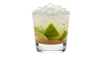 Ein Glas Caipirinha mit zersto&szlig;enen Limettenst&uuml;cken, transparenter Hintergrund, PNG