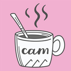 Illustration of a cup of coffee with steam on a pink background