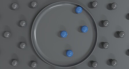 Abstract 3D render of Blue balls arranged in a circular tray, forming a modern minimal composition with clean geometry, suitable for creative design projects and artistic background visuals