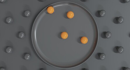 Abstract 3D render of orange spheres arranged on a gray plate among neutral gray spheres, creating a minimal composition suitable for product design, branding, and creative illustration projects.