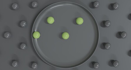Abstract 3D render of Green balls arranged in a circular tray, forming a modern minimal composition with clean geometry, suitable for creative design projects and artistic background visuals